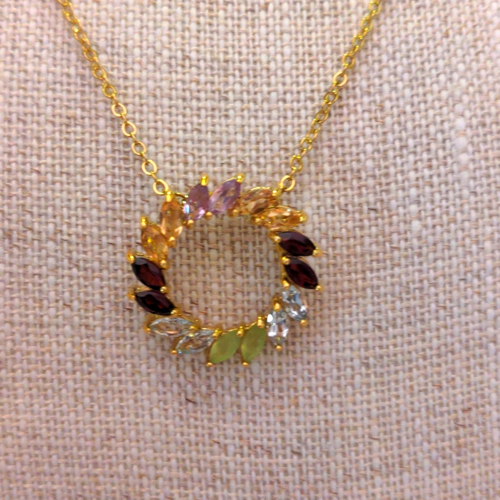 New Multi Gemstone Circle Pendant Necklace. 14k Gold Plated., Gold Coast, Dainty
